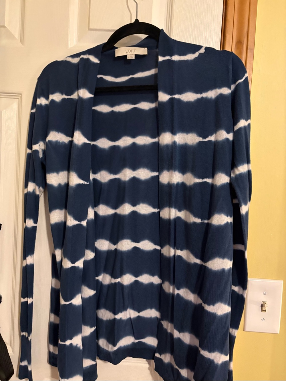 LOFT Navy and White Tie-Dye Open Front Cardigan
